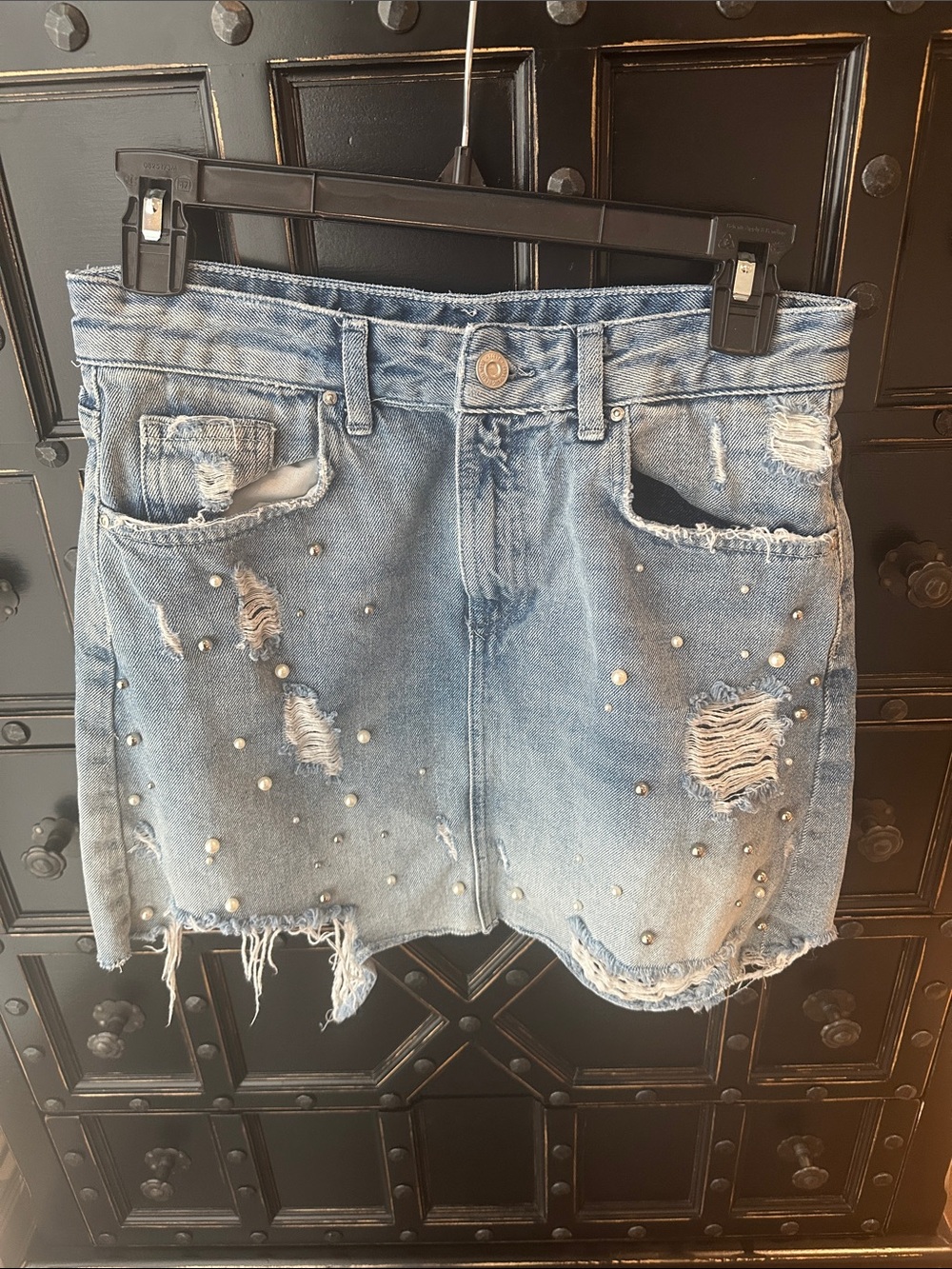 Zara Light Blue Distressed Denim Mini Skirt with Pearl Studs
